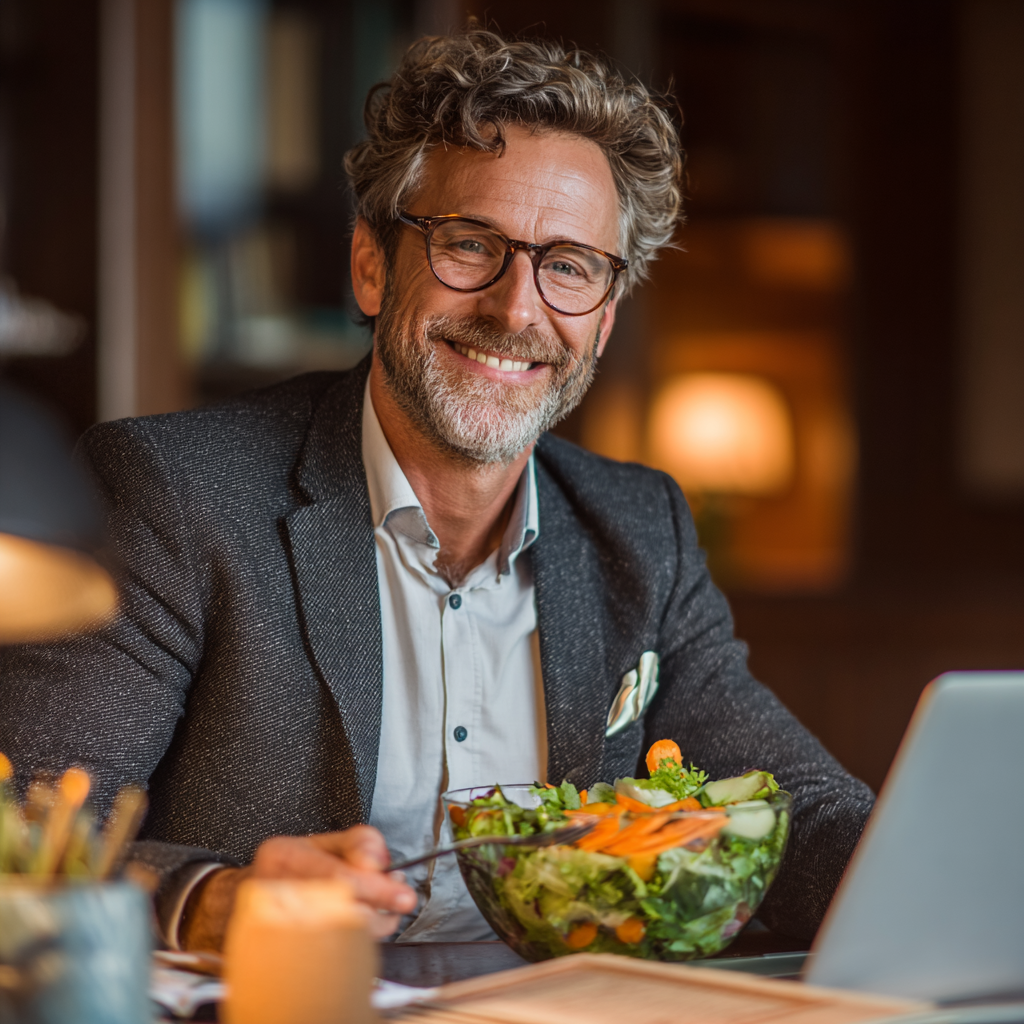 Happy 45-year-old man in business attire eating a nutritious lunch salad at his desk, smiling and looking energetic while maintaining healthy eating habits during his workday